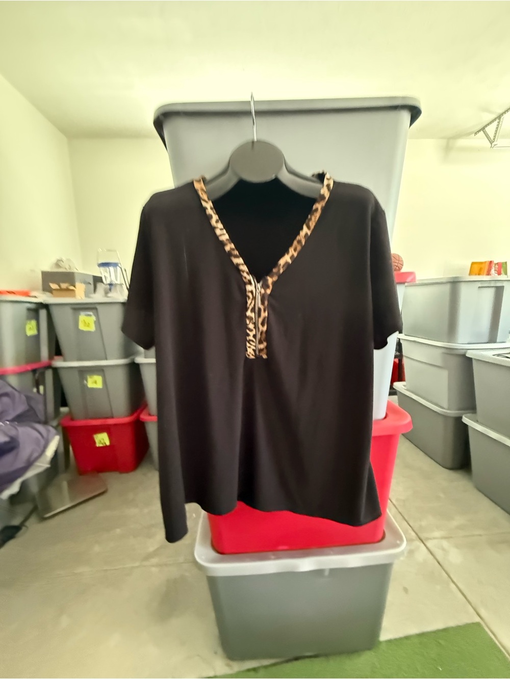 Black Short-Sleeve V-Neck Top with Leopard Trim 91